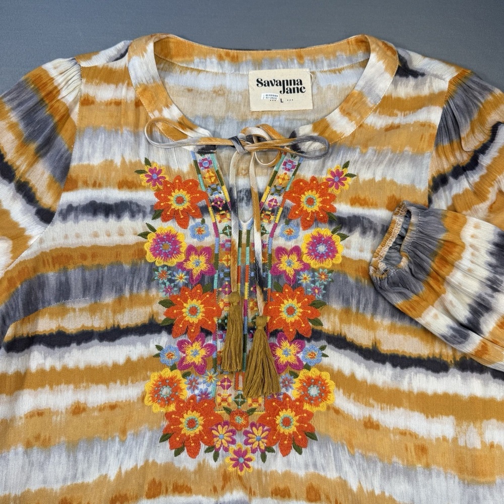 Savanna Jane Floral Womens Small Boho Tasseled‎ Embroidered Tie-Dye Tunic Sz L